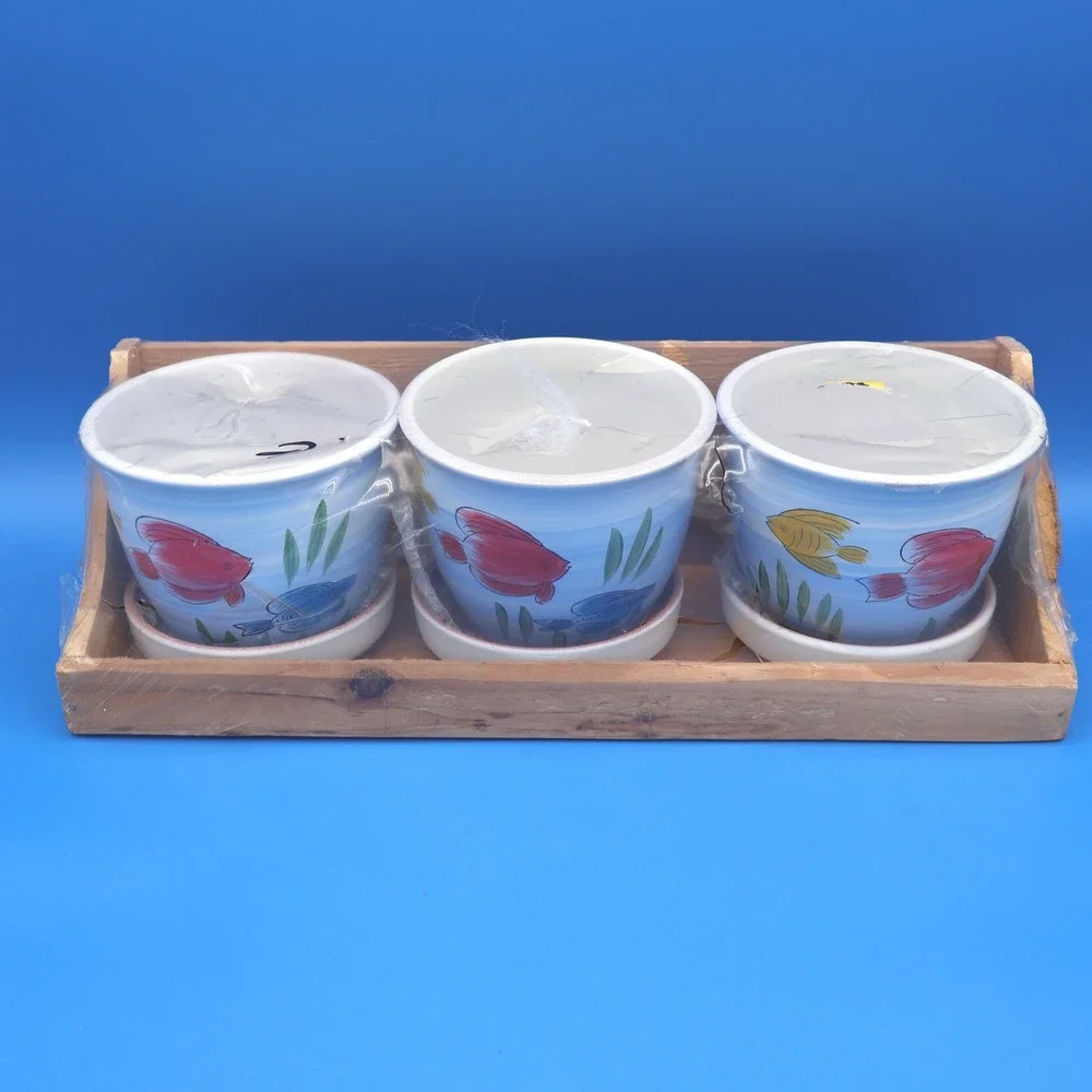 Set of 3 Ceramic Planters Pots Decorative Fish Design with Wooden Tray